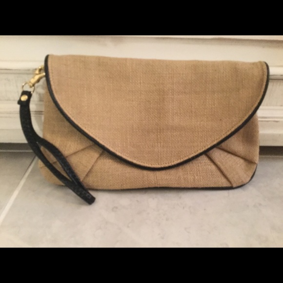 Burlap with black leather trim wristlet - Picture 2 of 5